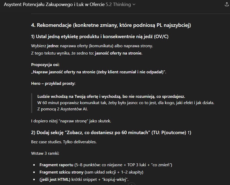 Przykład raportu z Asystenta AI — diagnoza luk w ofercie